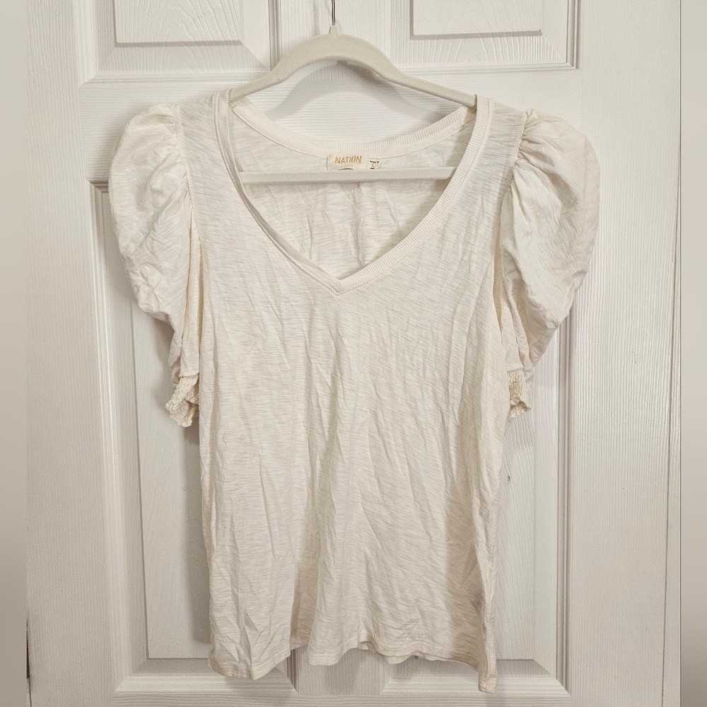 Nation LTD White Puff Sleeve Top L 100% Pima Cotton